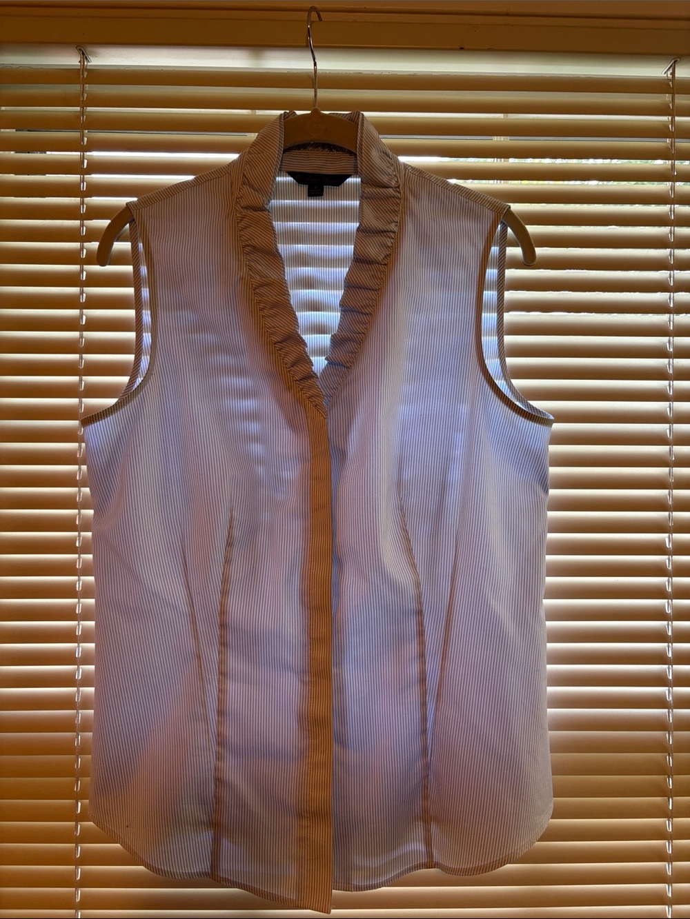 Brooks Brothers Sleeveless Blue-White Pinstripe Shirt with Ruffle Collar
